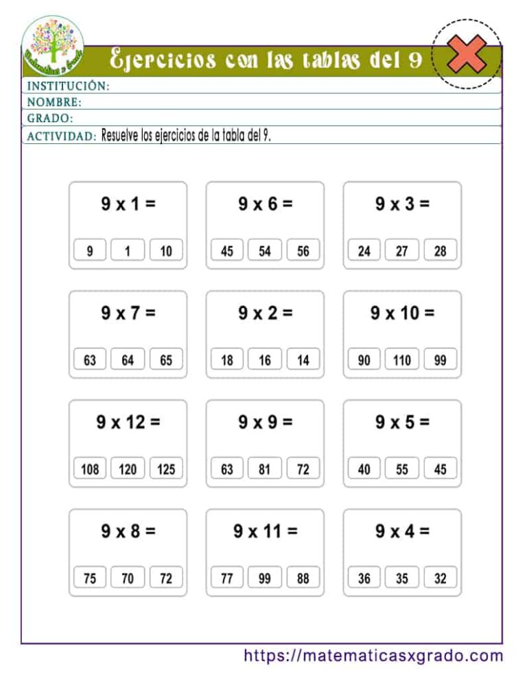 Ejercicios con la tabla de multiplicar del 9 Matemáticas x grado