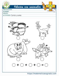 Fichas de sumas con animales con dibujos para colorear
