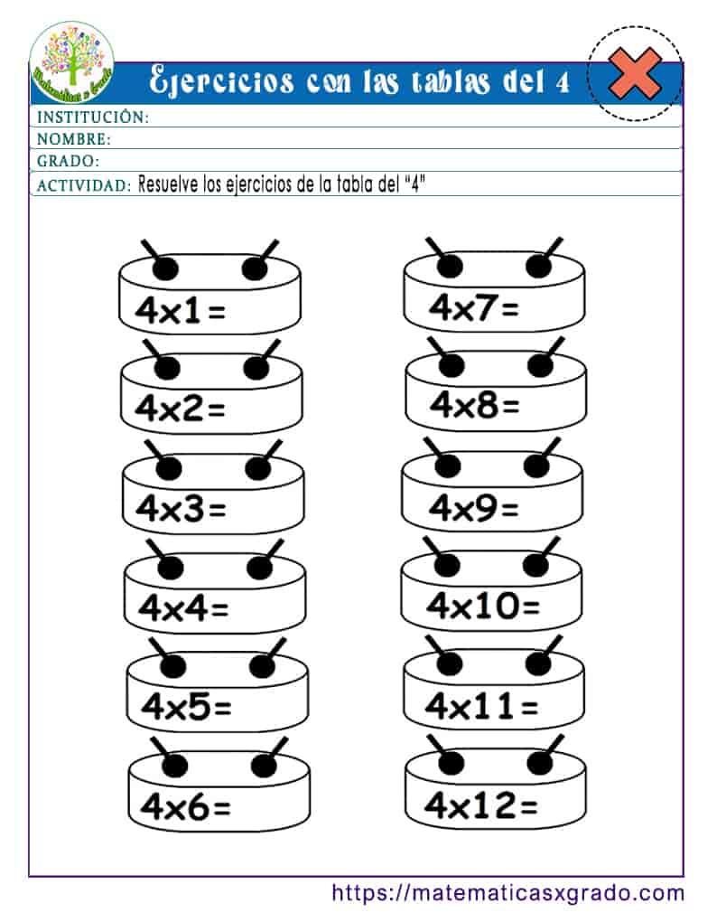 Fichas Tabla Del 4 Ejercicios de la tabla de multiplicar del 4 para imprimir