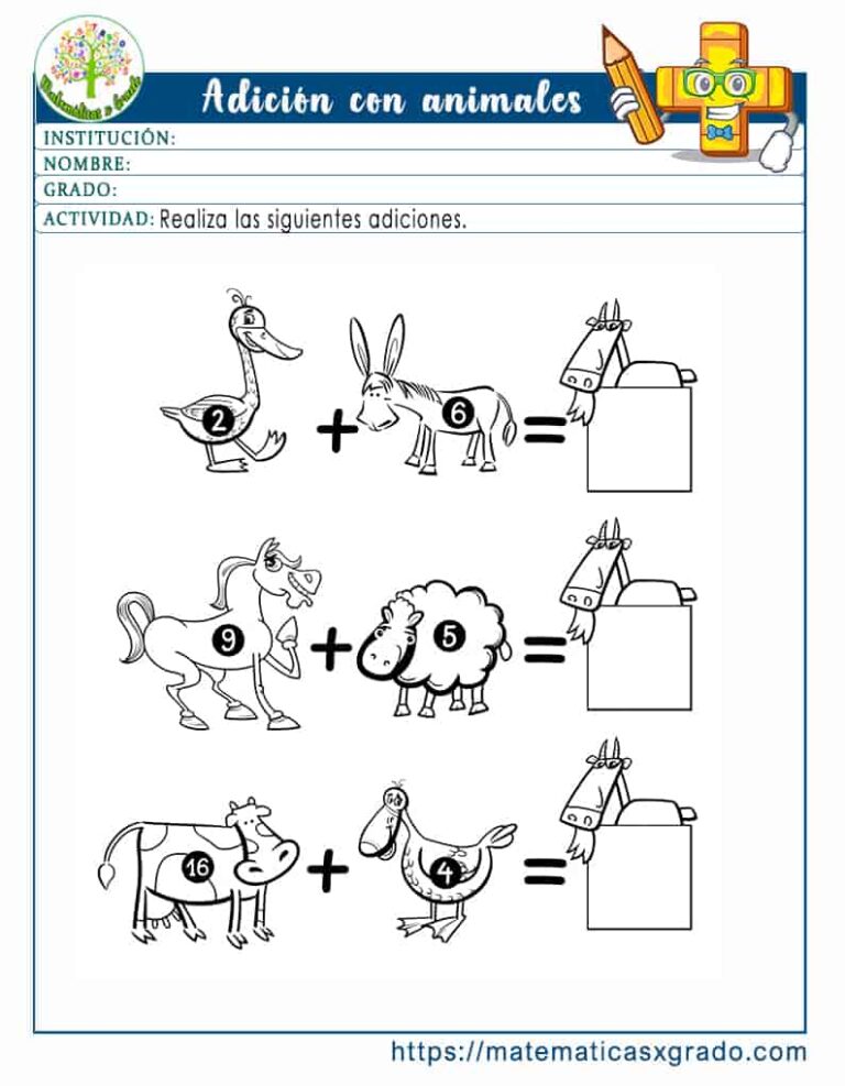 Fichas de sumas con animales con dibujos para colorear