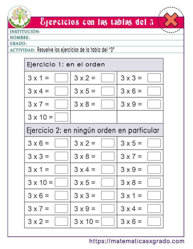 Ejercicios de las tablas de multiplicar del 3 para imprimir