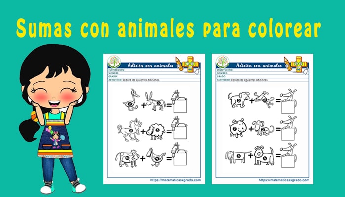 Fichas de sumas con animales con dibujos para colorear