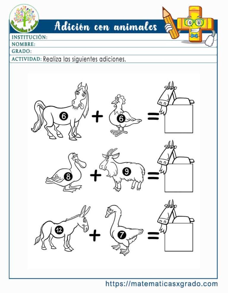 Fichas de sumas con animales con dibujos para colorear