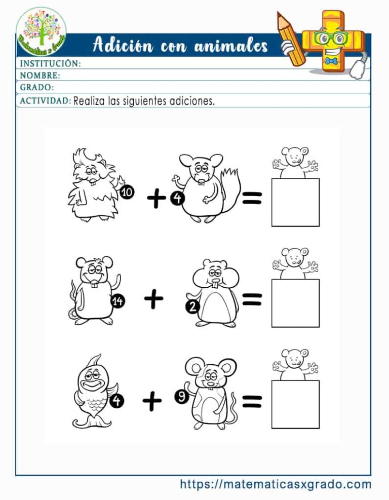 Fichas de sumas con animales con dibujos para colorear
