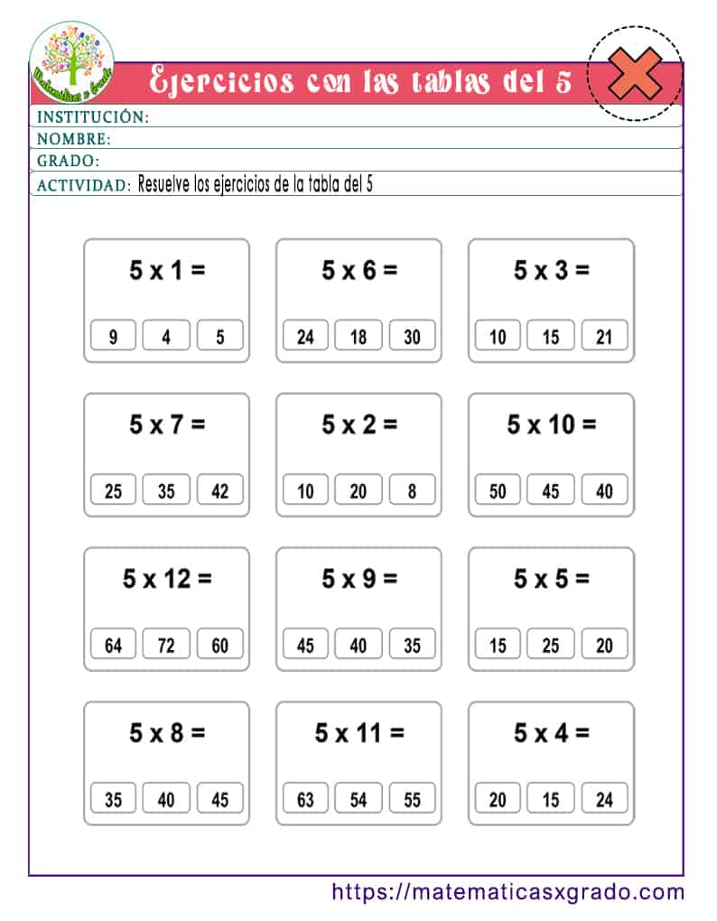Ficha Tabla Del 5 Ejercicios de la tabla de multiplicar del 5 - Matemáticas x grado
